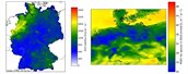 Deposition of nitrogen (oxidized + reduced) over Germany, assessed using the LOTOS-EUROS model in combination with observations of wet deposition (left) and phyto-toxic ozone dose for spruce (right)